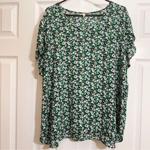 Cato Green Floral V Neck Blouse Tulip Sleeves